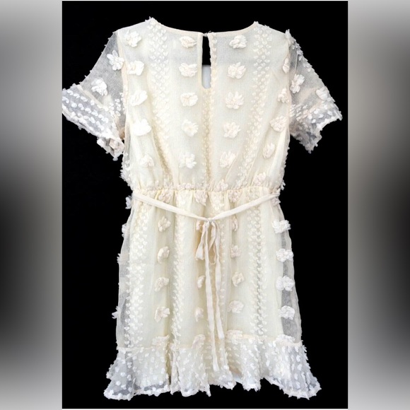 &Merci Cream Floral Applique Flounce Dress Off White Lined Belted PRETTY… - Picture 2 of 10